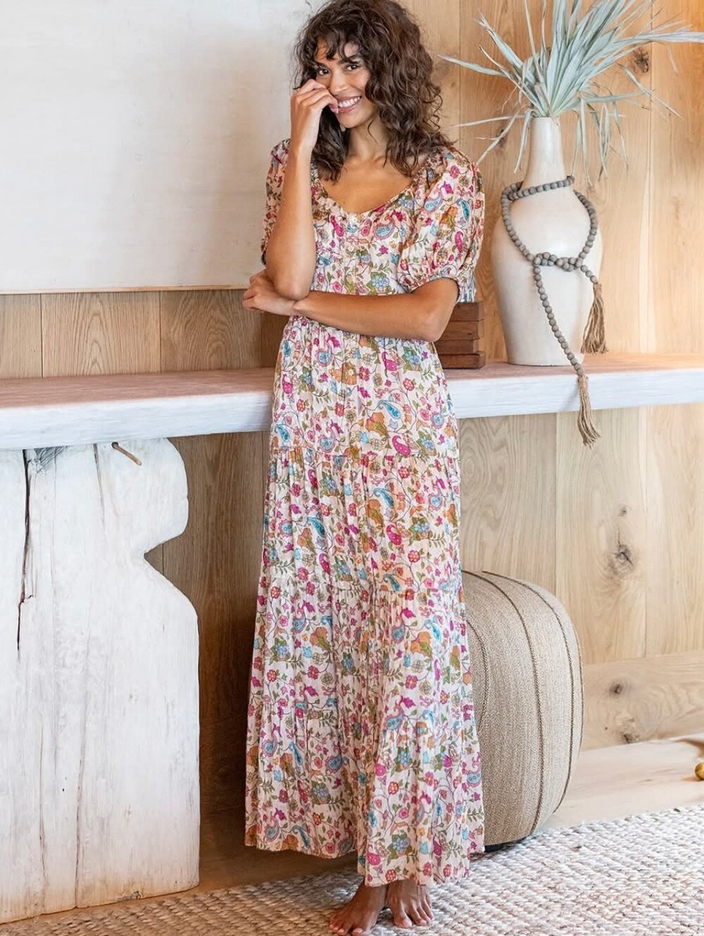 Natural Life Long Sleeve Tiered Floral Paisley Retro Boho Dress Size XS